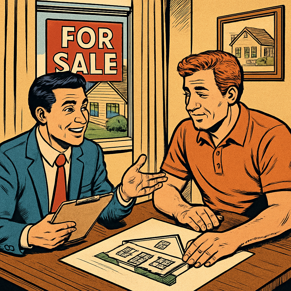 comicbook Create a listing agent and a homeowner sitting down and discussing home sale strategy-1