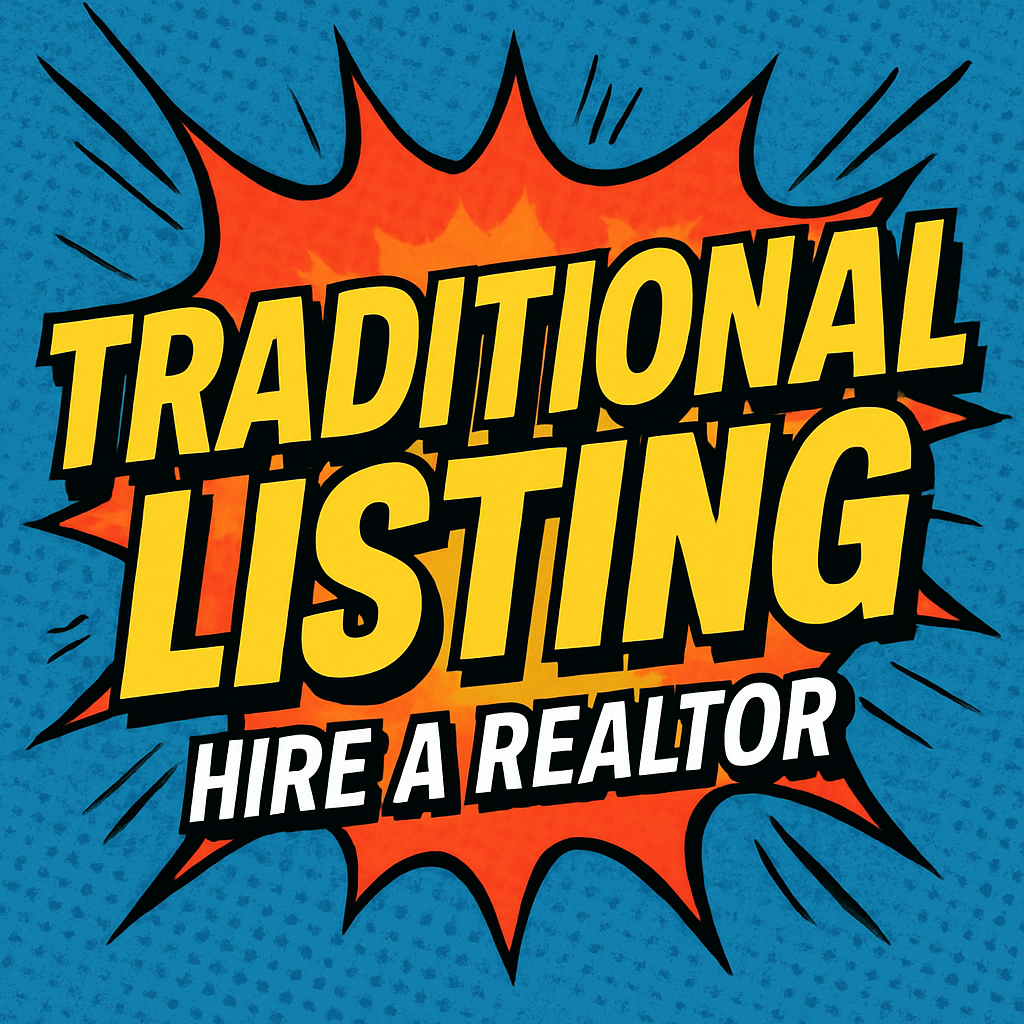 comicbook Create an image that says Traditional Listing and put Hire A Realtor in small letters underneath-1