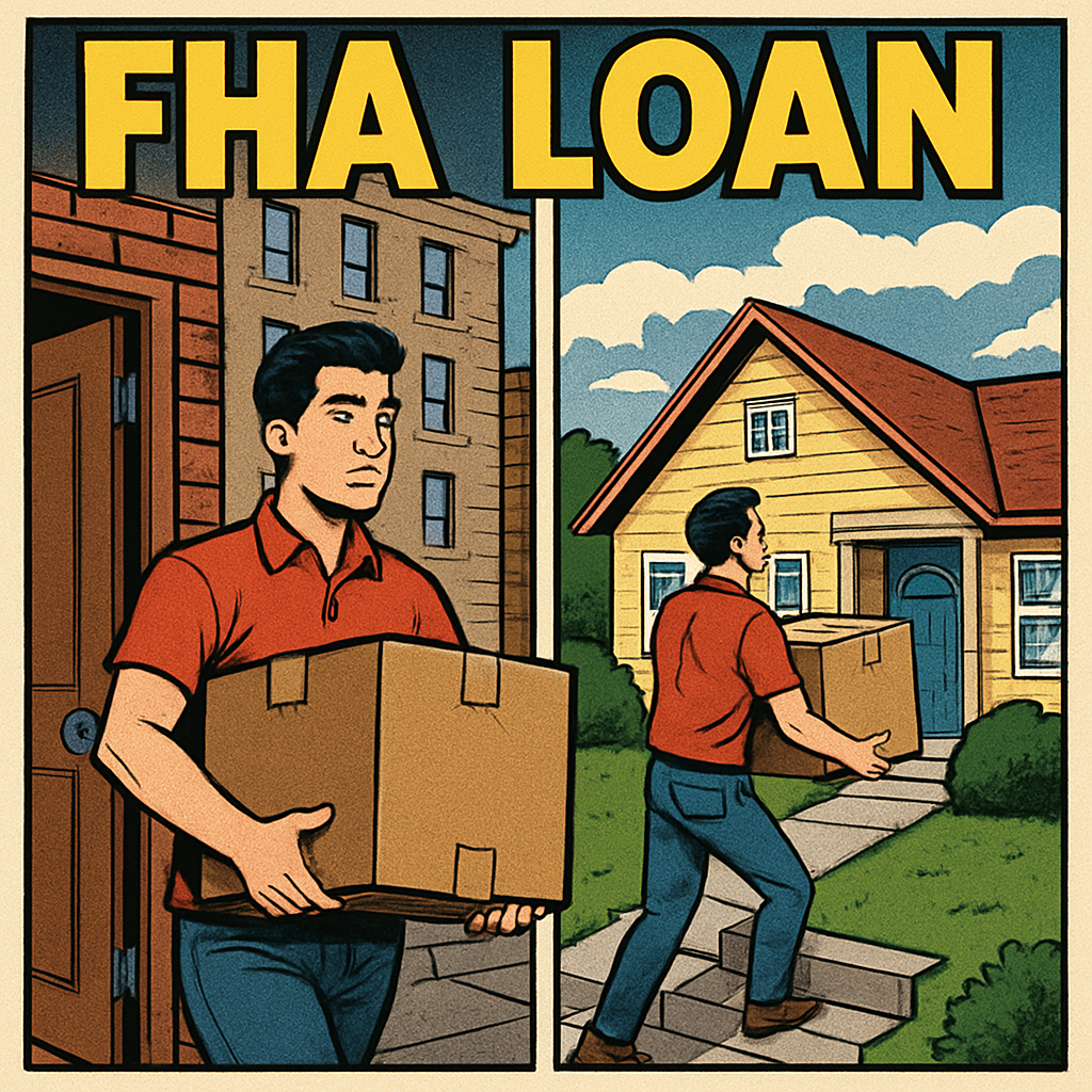 comicbook FHA Loan Depict a person moving out of an apartment into a home-2