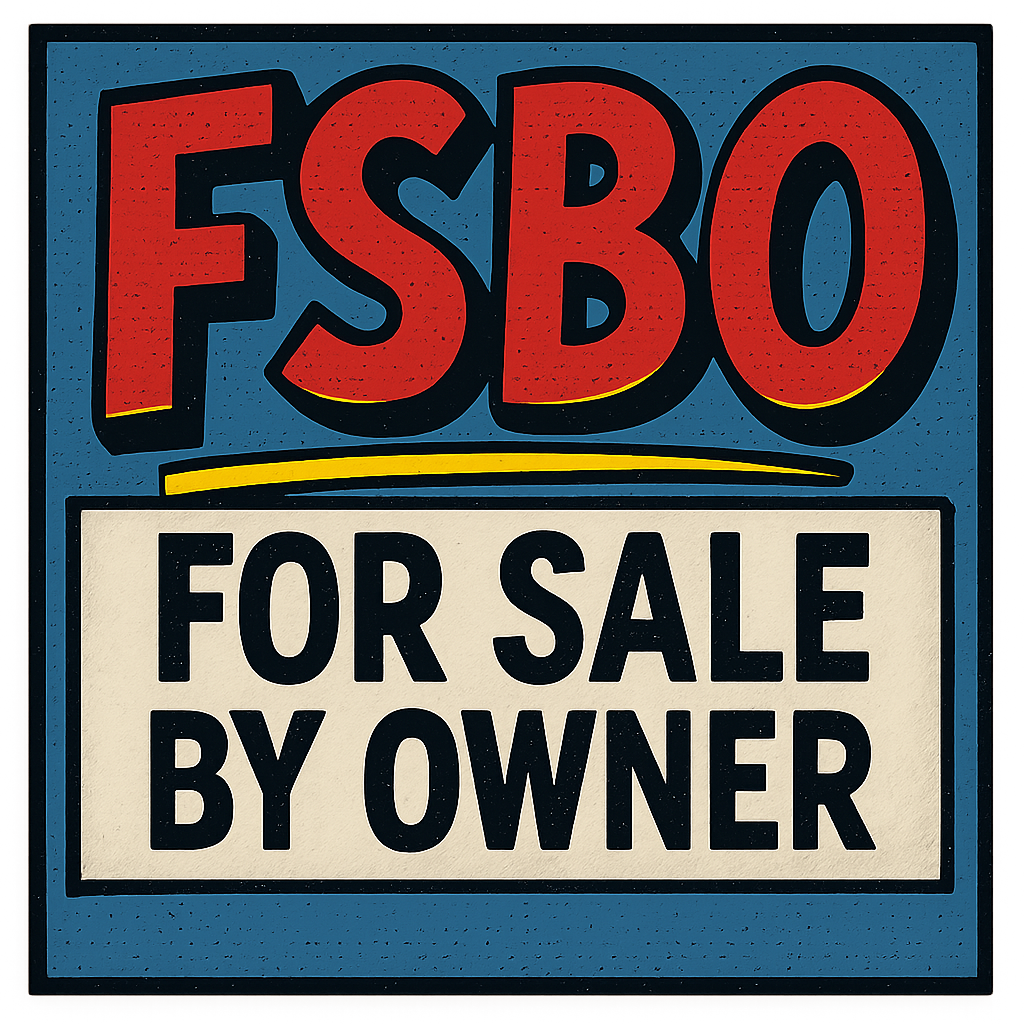 comicbook Generate an image that says FSBO that says For Sale By Owner under the FSBO in smaller letters under the FSBO This is real estate related