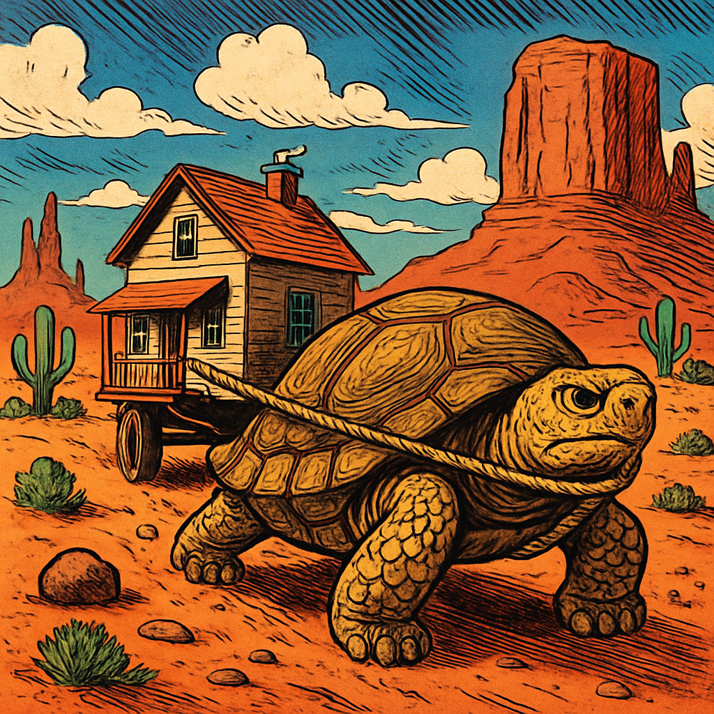 comicbook Tortoise pulling a home on a rope through the Arizona desert